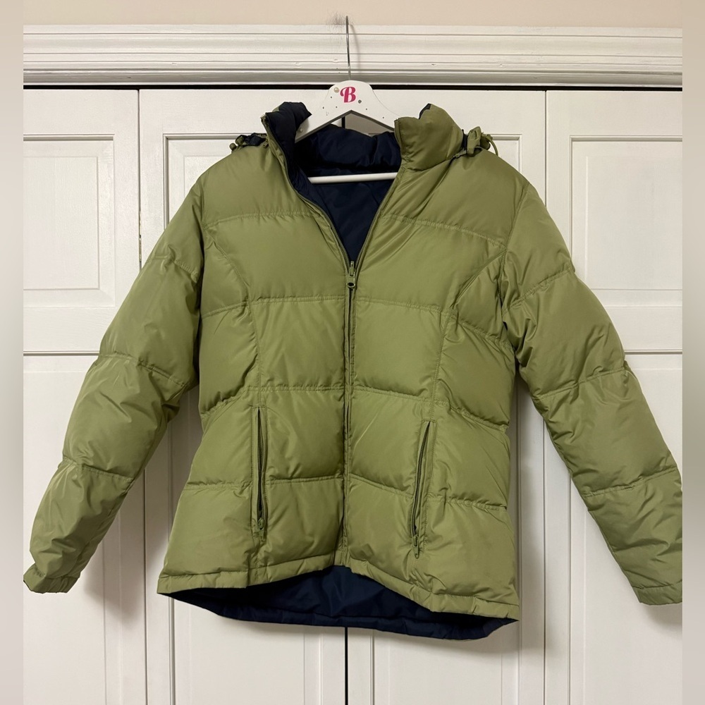 Women’s Olive Green and Navy Puffer Jacket with Hood Outerwear Skiing Outdoor